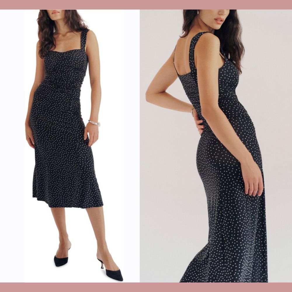 NEW $180 Reformation [ XL ] Suvi Polka Dot Ruched‎ Bodycon Dress Black #U1187